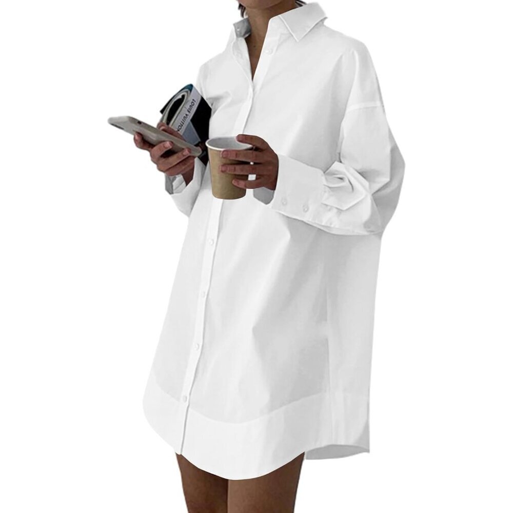 Women's Cotton Button Down Shirt Dress V Neck Long Sleeve Mini Casual